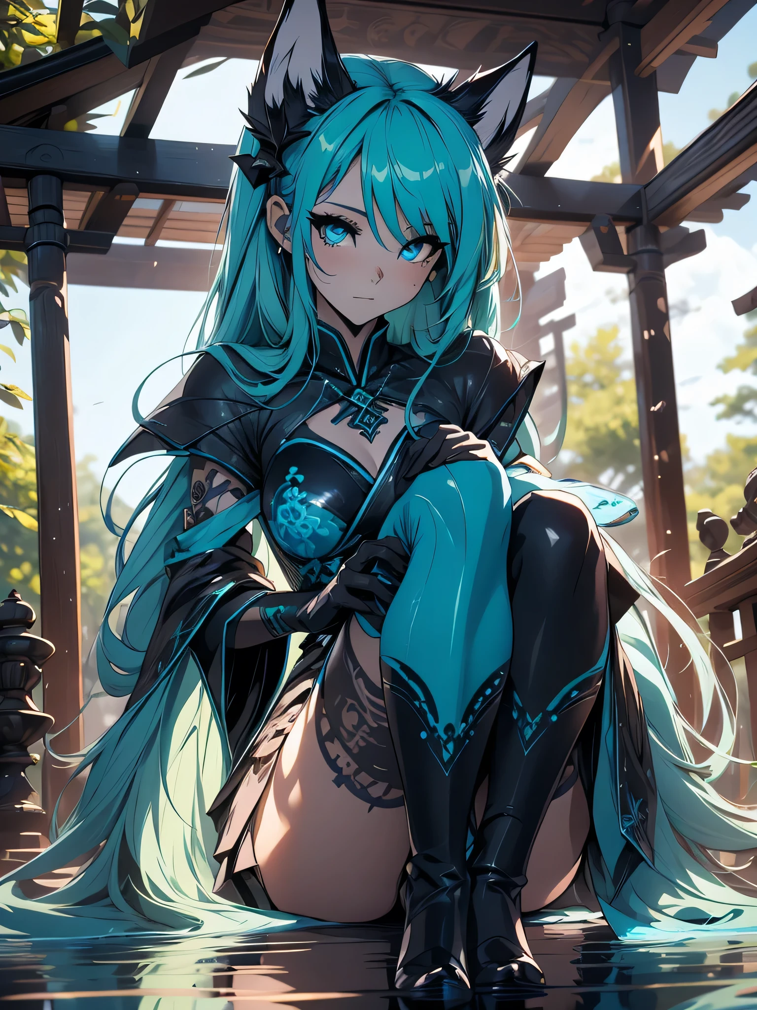 Miku Hatsune x vixen high definition add_detail:1, blue fur,kitsune ears, tribal tattoo add_detail:1, pretty girl add_detail:1, feudal priestess clothing add_detail:1, japanese shrine landscape add_detail:1, japanese shrine costume add_detail:1, add_detail:1, full body add_detail, highly detailed face, deep aqua iris add_detail:1, ninja girl, dark aura, evil face add_detail:1