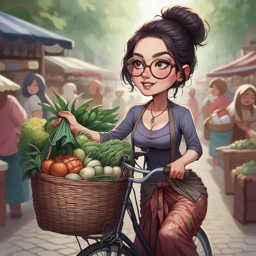 Caricature, 4D, a beautiful Indonesian woman with glasses on her head, hair tied in a bun and slightly loose, wearing a tight kebaya and a sarong underneath, while guiding the old bicycle with basket full of vegetables and herbs, basket in behind bicycle, she is selling in traditional market where many people shop background, flirty and fun selling style, best photography, masterpiece