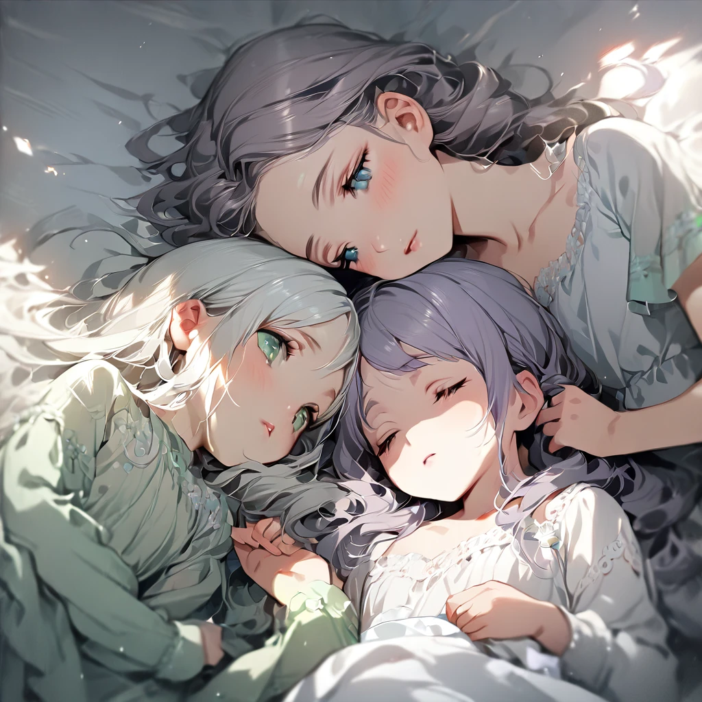 (Cute two girls:1.5),
(masterpiece:1.3), anime visual, (tilt head:1.3), extremely delicate face, realistic lighting and shading, (an extremely delicate and beautiful art:1.3), (muted colors:1.1), two sisters are sleeping in the same bed. the older sister with white hair and blue eyes is lying on her back, embracing the younger sister and stroking her hair. the younger sister with light purple hair and green eyes is sleeping with her face buried in her older sister's chest.