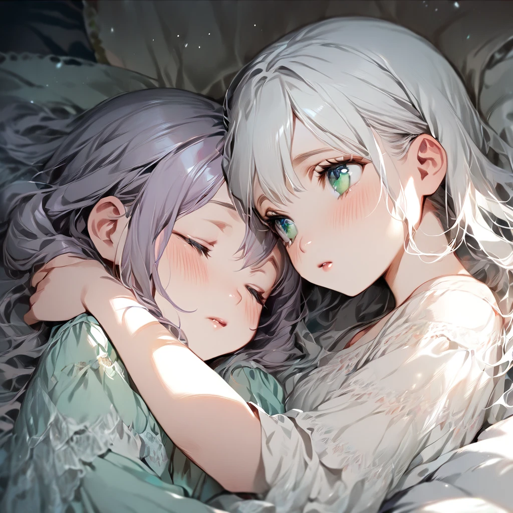 (Cute two girls:1.5),
(masterpiece:1.3), anime visual, (tilt head:1.3), extremely delicate face, realistic lighting and shading, (an extremely delicate and beautiful art:1.3), (muted colors:1.1), two sisters are sleeping in the same bed. the older sister with white hair and blue eyes is lying on her back, embracing the younger sister and stroking her hair. the younger sister with light purple hair and green eyes is sleeping with her face buried in her older sister's chest.