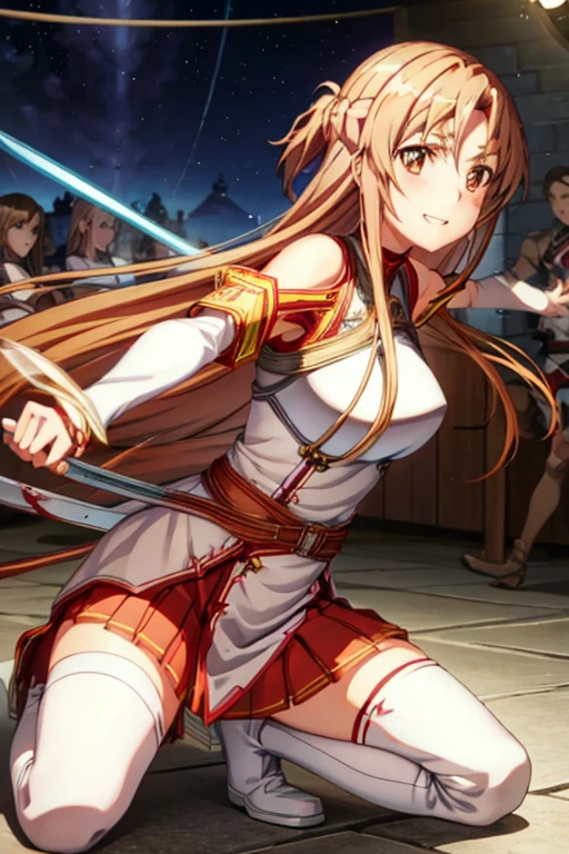 A captivating wallpaper of As Yuuki, Sword Art Online Heroine, Carefully crafted. (Highest quality, High resolution: 3000x3000 pixels)

One character, As Yuuki, Virtual Reality Suit, Long straight blonde hair with bangs, Blue eyes sparkling with determination, Her plump lips are slightly parted in a smile, Moderate: Digital Art, Vibrant colors, High resolution, Cinema Lighting, Ultra-fine detail, Sharp focus, Physically Based Rendering, Very detailed explanation, Portraiture.

Asuna in the middle of the action, Both hands tied with rope, Costume cut into pieces by sword、Bleeding from a wound、On one knee