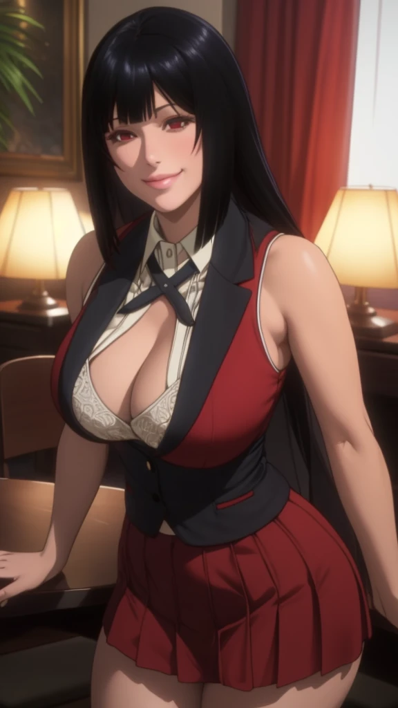 (8K, highest quality, table top:1.4), (intricate details:1.3), (realistic), (super detailed), 1 girl, alone, Beautiful woman, mature woman, (Sensual smile:1.35), Front view, (leaning forward:1.2), looking at the viewer, tropical resort, detailed long hair, (fluffy long black hair), fine eyes, hourglass body shape, (Sensual curvy body:1.1), ??????????????, thick thighs, wide ????, small waist, ???? sailor suit, pleated mini skirt, realistic lighting, natural soft light, dynamic lighting, red eyes, show cleavage, sleeveless