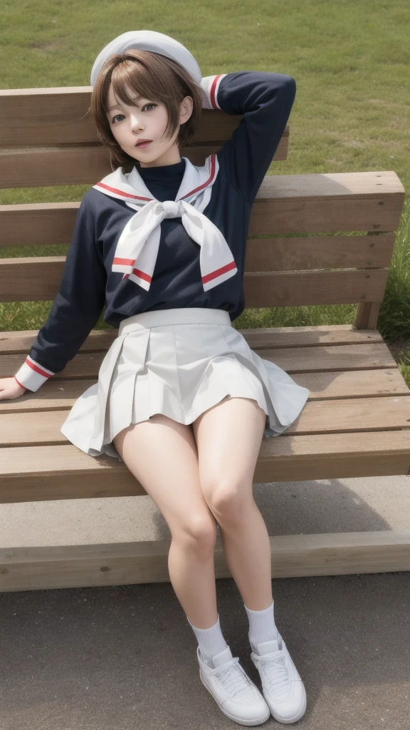 masterpiece, best quality, highres, kinomoto sakura, 1girl, brown hair, short hair, antenna hair, two side up, hair bobbles, green eyes, , white sailor collar, black shirt, long sleeves, white skirt, pleated skirt, sitting, eating, outdoors, bench, food, leaf, (masterpiece, best quality: 1.2),(very detailed face, real image, realistic skin, realistic body, intricate details),1 woman, Kinomoto Sakura, brown hair, alone, skirt, green eyes, Short hair, have, white skirt, white hat, Magic Girl, Antenna hair, laugh, serafuku, pleated skirt, dehisce, looking at viewer, cowboy shot, long sleeves, star (symbol), muffler, lie down in bed with both arms extended above the head and placed behind the pillow, anime girl lying down, expose plump breasts, whole body, plump thighs, Natural Pose, beautifully, cute, Fix errors without any awkwardness, tall, I have long legs, Wearing (tomoeda_초등school_school_Uniform),black top, tennis mini skirt,cry in shame, wearing white ankle socks, random sexy poses
