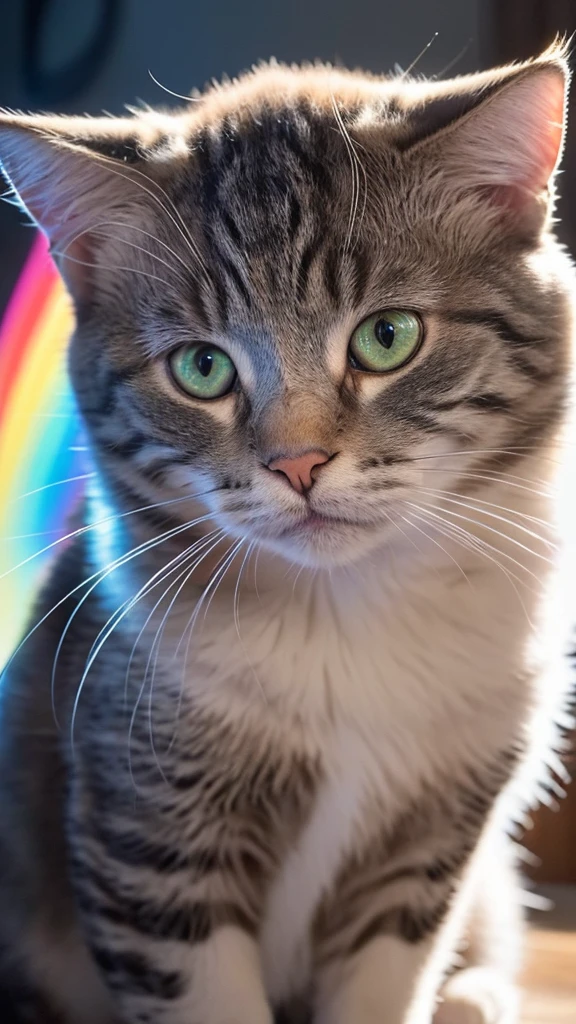 A baby cat's face is drawn in portrait mode, surrounded by vibrant rainbow marble and silver light. The cat's face is sideways, looking up. The fur is drawn in great detail, giving it a realistic texture. The tips of the fur reflect light, beautifully expressing the shiny parts.
The cat's eyes are deep rainbow marble, and subtle color changes can be seen when they receive light. The pupils are wide open, giving the impression that the cat is staring at something. The cat's nose is rainbow marble colored, and the tip of the nose is also shining brightly when light hits it.
Many faint dots of light float in the background, giving the whole piece a fantastical atmosphere. The dots of light are of various sizes, and are colorfully scattered, mainly in rainbow marble color and silver. These lights blend into the cat's surroundings, giving the impression that the cat is among the stars.
The outlines of the cat's whiskers and ears are also emphasized by the light, and each finely drawn hair in particular shines beautifully in the light. The shape of the ears is also clearly defined, with a soft rainbow marble-colored light shining inside the ears.
The lighting effects in this image are very distinctive, highlighting the details of the cat's fur and face while also creating an overall mystical atmosphere. In particular, the gradation of light and the placement of the light spots are exquisite, making a strong impression on the viewer.
Overall, this image is very realistic, yet rich in fantastical elements. The cat's facial expression and the use of light are beautifully harmonious, making this a very visually appealing piece.