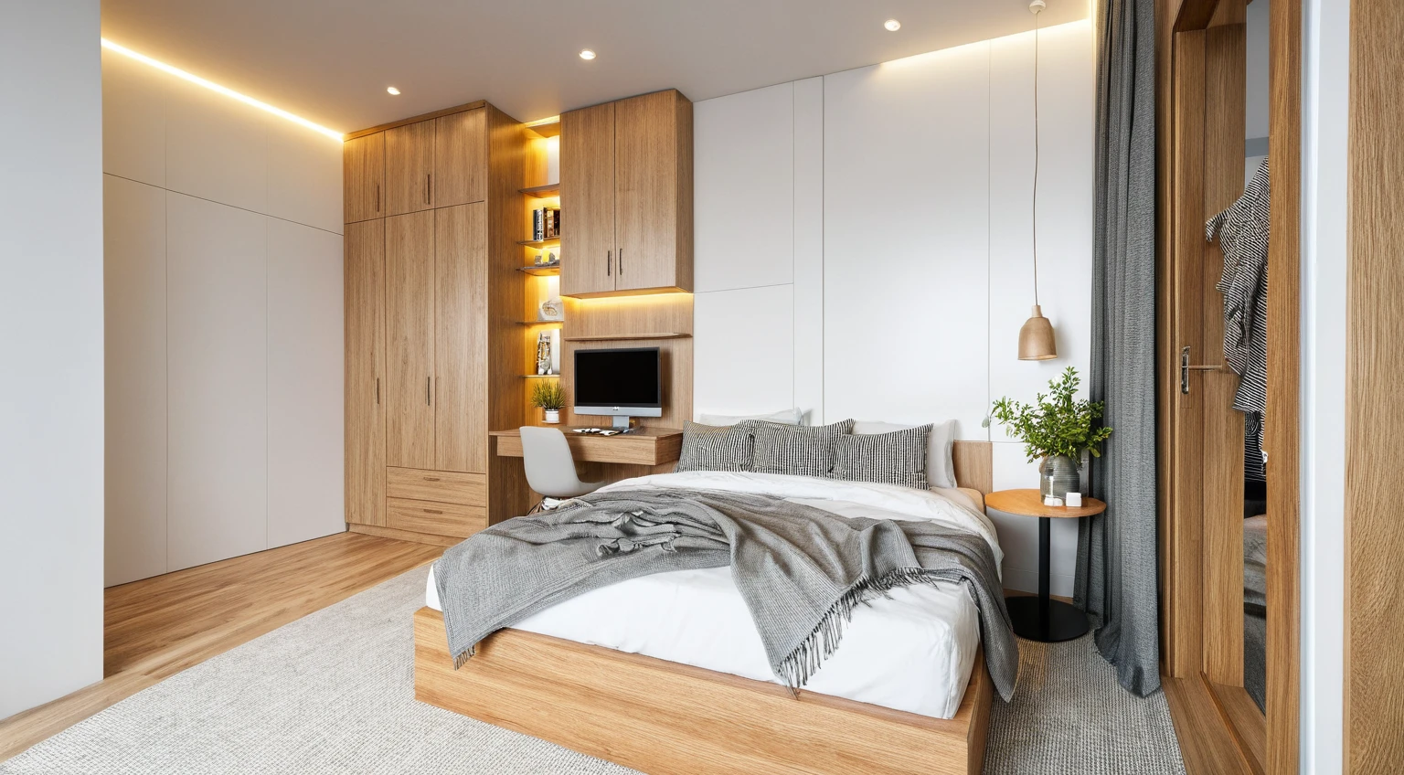 Interior Design, bed room, (minimalist style:1.2), (minimalist interior space), (minimalist furniture design), (space that realistically describes the minimalist interior of a townhouse), (Warm LED 4000k white tone, Clean and comfortable, timeless, making the space appear clear), carpet, blanket cotton, (circle spotlight), (indoor), (neutral white tone color), (white wall), (An Cuong Wooden Furniture minimalist Style), (An Cuong wood with MDF surface glued with melamine coating), (architectural design visualization), (reflection), (focus on object), (material normal bump real reflection), (multi-level reflection), (chao vantage software visualization render),(((Best Quality))), ((Masterpiece)), ((best illustration)), ((best shadows)), (( Super Detail)), (Intricate lines), (Photorealism),(hyper detail), ((archdaily)), ((award winning design)), (dynamic light), ((spotlight)), (perfect light), ( shimering light), ((photorealistic)), ((intricate detail)), ((extreme detail)), ((crazy detail)), ((octane render)), ((trending on artstation)), ((High- fidelity)), ((Viwvid)), ((Crisp)), ((Bright)), ((Stunning)), ((Eye-catching)), ((High-quality)),((Sharp)), ((day sun environment)), ((Illuminating)), ((Flawless)), ((High-quality)),((Sharp edge render)), ((medium soft lighting)), ((photographic render)) , ((detailed archviz)), ((reality environment)), (level of photo realism, depends on lighting, materials, composition, Real-Time Rendering, based on chao vantage timage rendering graphics software)