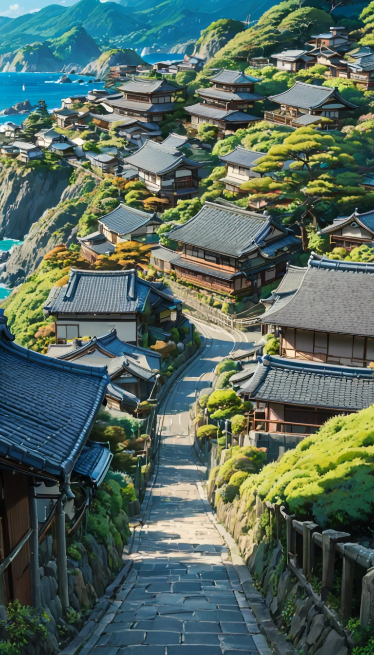 SDXL_2D_Zip, High resolution absurd images、Best quality anime aesthetic images、Image of a Japanese concrete road lined with traditional houses, A view leading to the blue sea、Ghibli-style painting style