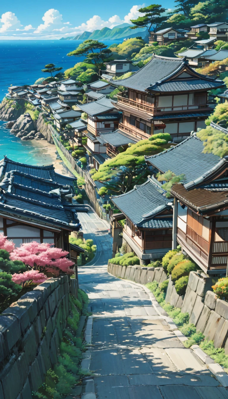 SDXL_2D_Zip, High resolution absurd images、Best quality anime aesthetic images、Image of a Japanese concrete road lined with traditional houses, A view leading to the blue sea、Ghibli-style painting style