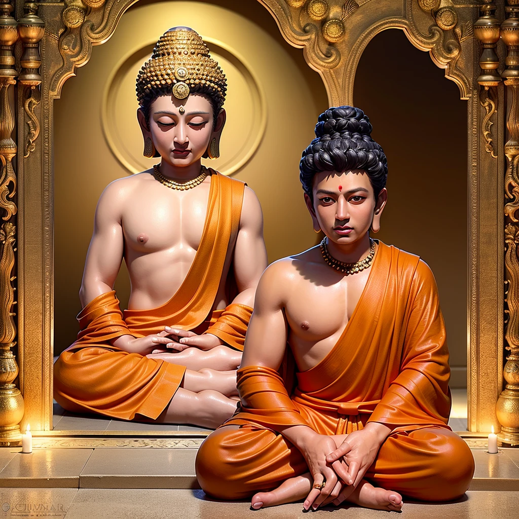 Masterpiece of Digital Art, 8k High Resolution, Sharukh Khan in a Stunning Portrayal, Revolutionary Detail, Hindu Deity-Inspired, Big Orange Hair in an Orange Dhoti, Prey of God, Sitting in a Temple by the River, Shahrukh Khan Transformed into an Indian Mythological Figure, Intricate Detailing, Shahrukh Khan's Chiseled Face and Intense Eyes, Long Curly Hair, Orange Dhoti with Golden Borders, Sitting in a Serene Temple, River flowing nearby, Moody and Mystical Atmosphere, Complex Intricacies, Temple Carvings, Virtual Engine 5,