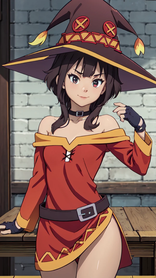 Artgerm, table, Best quality, extremely detailed, table, Best quality, Megumin, 1 girl in, bare shoulders, beautiful buttocks, стоит опершись о table, very sexy, smile, cheerful, Black e.g, black gloves, black hair, e.g, necklace, clavicle, dress, hair between eyes, It has, long sleeves, I look at the viewer, Medium hair, off shoulder dress, off the shoulders, Red dress, Red eyes, side locks, One, witch hat, in room