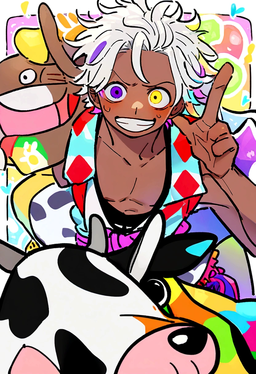 One Piece Luffy,Zodiac,Taurus,One Piece Luffy和一只金牛的拍照姿势, Yellow and black eyes heterochromia , Joyful expression, Messy hair , , 1 man , Colorful black and white hair , Two-tone hair , Darker skin tone, Next to the cow