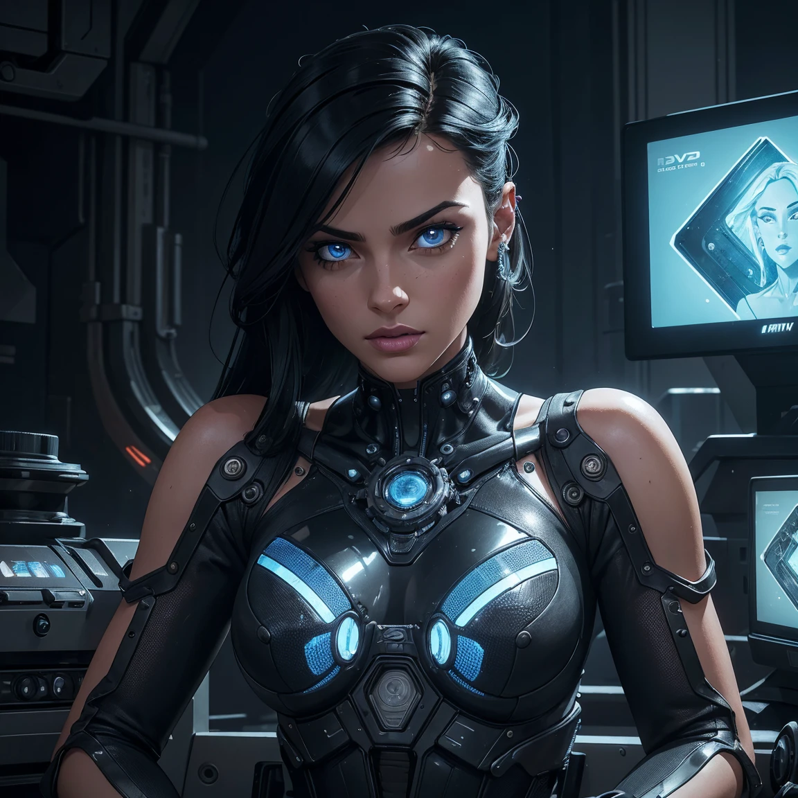 (best quality,4k,8k,highres,masterpiece:1.2),ultra-detailed,(realistic,photorealistic,photo-realistic:1.37),1woman,car parts body,intricate machinery,highly detailed machinery,futuristic cyberpunk,chrome metal,glowing blue lights,complex gears and mechanisms,detailed facial features,piercing eyes,glossy metallic skin,sleek aerodynamic design,cinematic lighting,dramatic shadows,muted color palette
