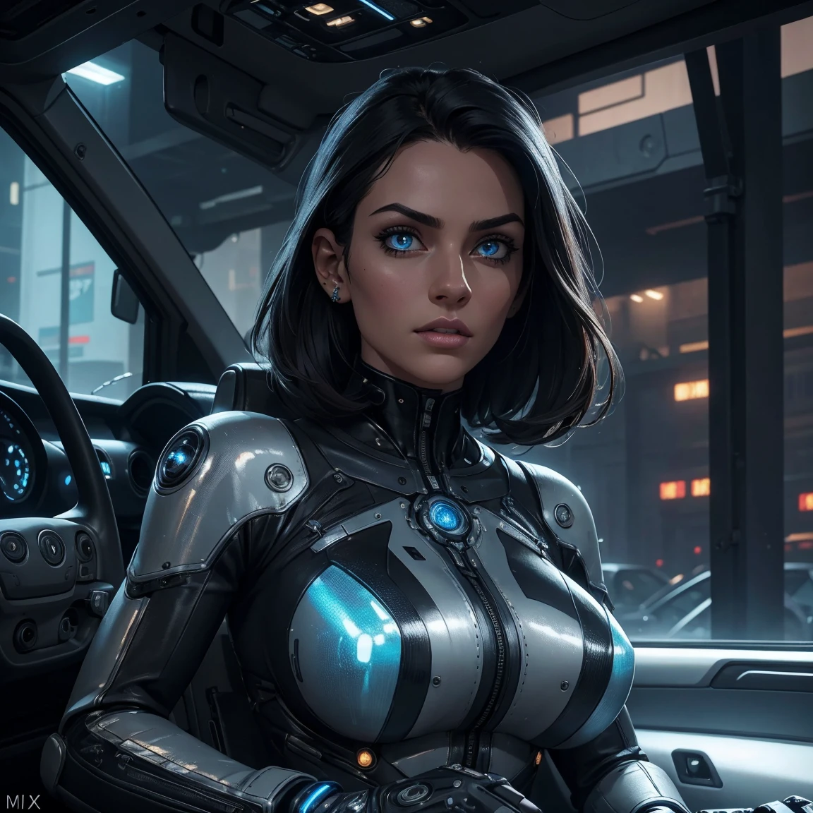 (best quality,4k,8k,highres,masterpiece:1.2),ultra-detailed,(realistic,photorealistic,photo-realistic:1.37),1woman,car parts body,intricate machinery,highly detailed machinery,futuristic cyberpunk,chrome metal,glowing blue lights,complex gears and mechanisms,detailed facial features,piercing eyes,glossy metallic skin,sleek aerodynamic design,cinematic lighting,dramatic shadows,muted color palette