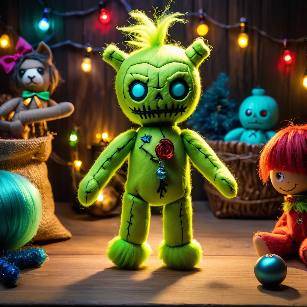 (knitted toy voodoo doll:1.9), (Voodoo Grinch:1.3), (Clothing: green fur with glowing theft symbols:1.0), (Accessories: enchanted sack emitting sparks of mischief magic, levitating spectral presents:1.1), (background: Whoville with floating decorations, glowing lights, and spectral mischief:1.2), best quality, masterpiece, detailed soft oil painting, detailed background, dramatic cinematic lighting, soft edge lighting, professional, dramatic lighting, hard edge lighting, ultra quality, 4k, masterpiece, best quality, 8k, ultra high definition, high resolution, extremely detailed
