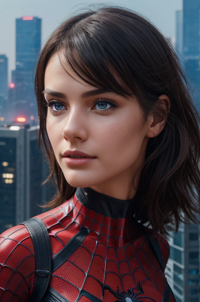 1girl:1.3), Solo, (((Very detailed face)))), ((Very detailed eyes and face)))), Beautiful detail eyes, Body parts__, Official art, Unified 8k wallpaper, Super detailed, beautiful and beautiful, beautiful, masterpiece, best quality, original, masterpiece, super fine photo, best quality, super high resolution, realistic realism, sunlight, full body portrait, amazing beauty, dynamic pose, delicate face, vibrant eyes, (from the front), She wears Spider-Man suit, red and black color scheme, spider, very detailed city roof background, rooftop, overlooking the city, detailed face, detailed complex busy background, messy, gorgeous, milky white, highly detailed skin, realistic skin details, visible pores, clear focus, volumetric fog, 8k uhd, DSLR, high quality, film grain, fair skin, photo realism, lomography, futuristic dystopian megalopolis, translucent