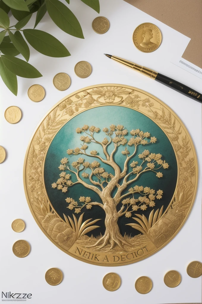 1sticker，a sticker， Nikkaze，（A tree full of gold coins），(Brilliant décor)，（Fortune cicada），（Traditional coats of arms），gold coins，Golden branches and jade leaves，Background brushstrokes in ink style，water ink， white backgrounid， nothing background， simple backgound， dk， badges，logo， pastel colour， vectorstyle， no gradien
