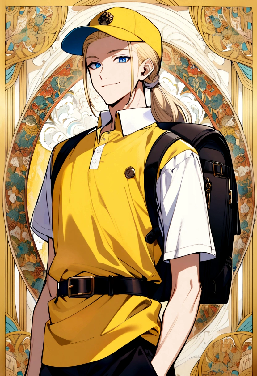 male with long blond hair tied back, blue eyes, smiling, wearing a yellow and white baseball cap, yellow polo shirt, white collar, black belt, black backpack