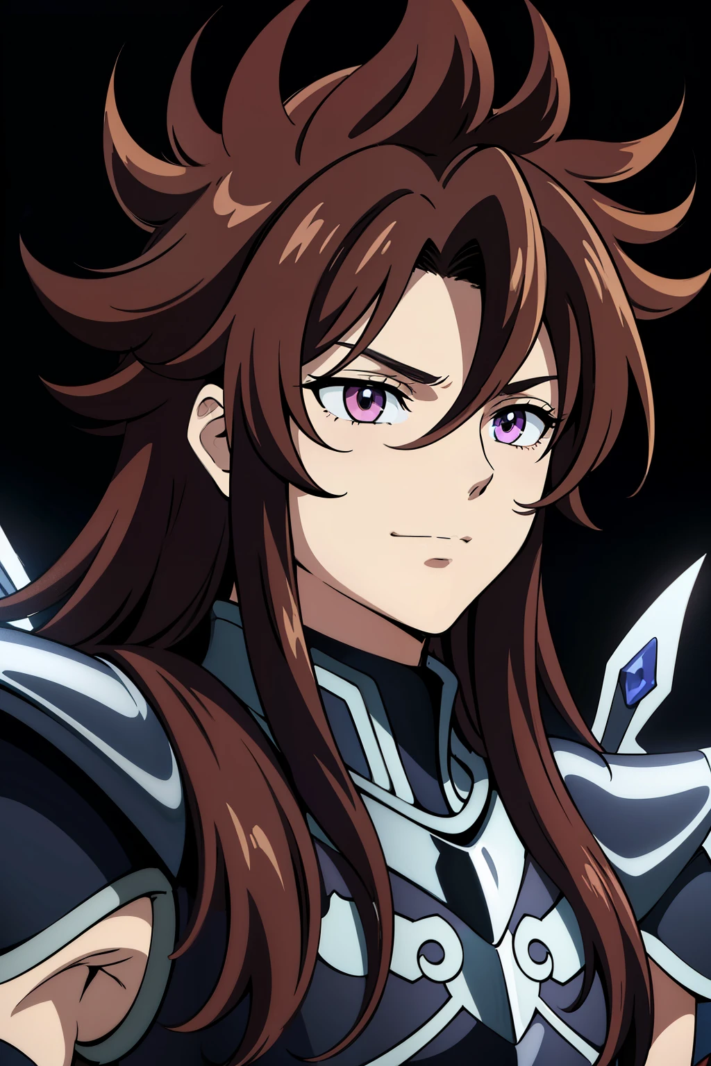 (high-quality, breathtaking),(expressive eyes, perfect face) portrait, Symmetrical Eyes, 1boy, male, solo, adult, brown hair, red coloured eyes, stylised hair, medium length hair, loose hair, side bangs, spiky hair, fluffy hair, looking at viewer, portrait, black background, narrow eyes, soft eerie blue lighting backround, rock terrain background, Hades Armor, Hypnos Saint Seiya Armor, Thanatos Saint Seiya Armor, Dark Purple Armor, trim, full plate, masculine face, Hypnos Lost Canvas Saint Seiya, cute smile, half body shot
