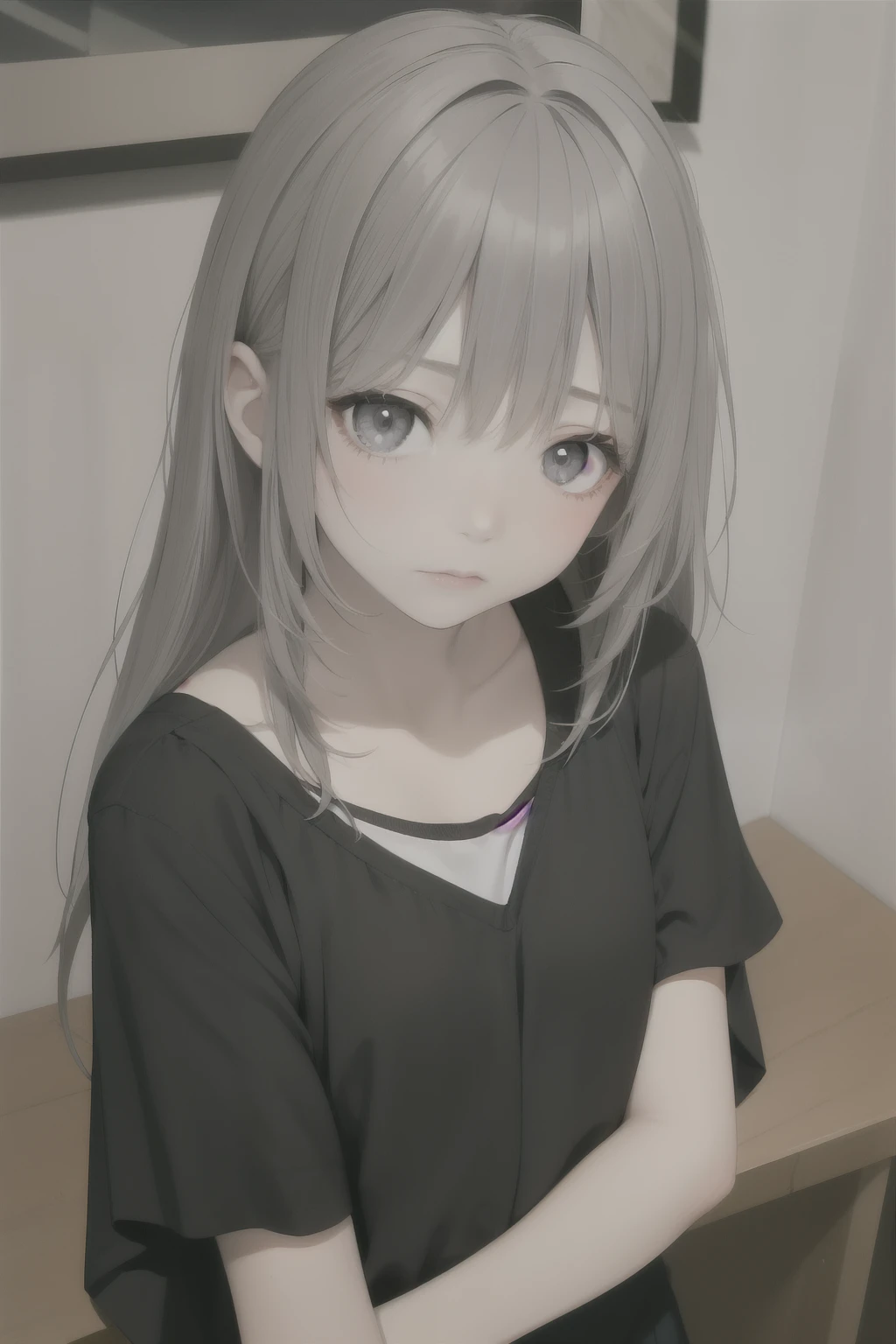 young girl about six years old, long flowy grey hair, grey eyes, beautiful, apathetic expression