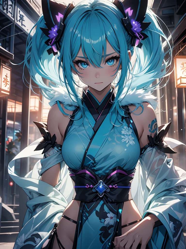 Miku Hatsune x vixen high definition add_detail:1, blue fur,kitsune ears, tribal tattoo add_detail:1, pretty girl add_detail:1, japanese shrine landscape add_detail:1, blue kimono costume add_detail:1, add_detail:1, full body add_detail, highly detailed face, deep aqua iris add_detail:1, ninja girl,  dark aura, evil face add_detail:1
