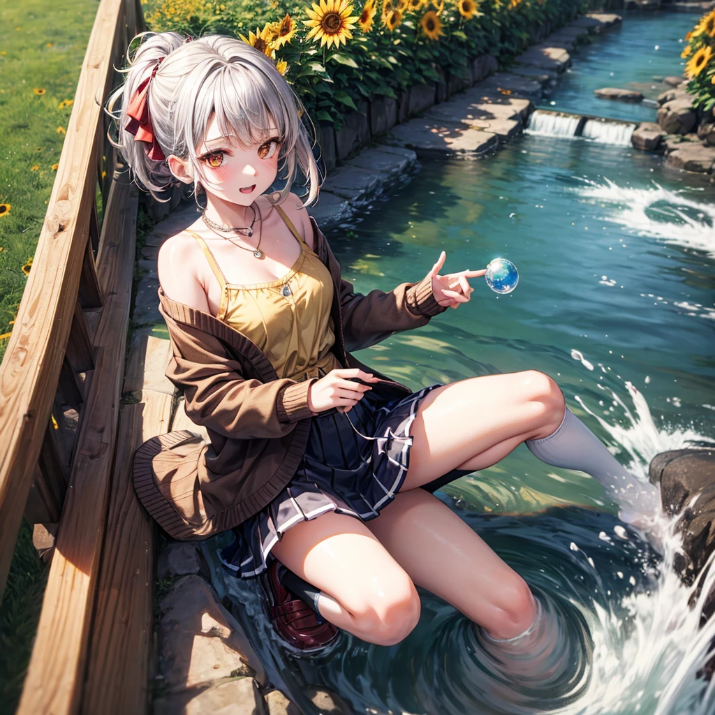 Red, brown, gold, gold hair、Golden Eyes、Hair tied up、One good looking girl、solo、anime、Checkered mini skirt、Ruffles on the skirt、camisole、Lightweight cardigan、Black knee-high socks、Wearing a baseball cap、Ribbon、Ribbon on waist、Teeth are visible、Silver coin necklace、From above、Sunflower Tunnel、Cobblestones、waterfall、Have sunflowers、Midnight Moon、Winding Road、Unlocking、suspension bridge、Flying soap bubbles
