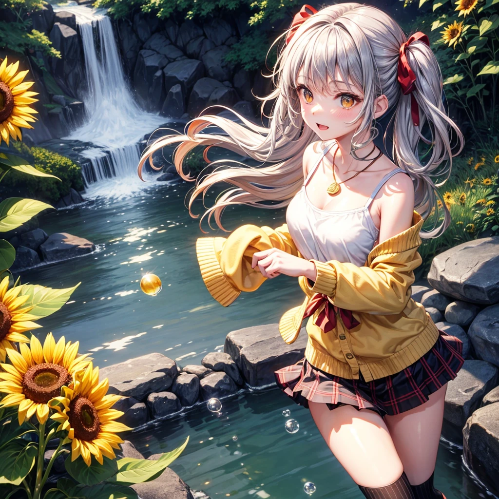 Red, brown, gold, gold hair、Golden Eyes、Hair tied up、One good looking girl、solo、anime、Checkered mini skirt、Ruffles on the skirt、camisole、Lightweight cardigan、Black knee-high socks、Wearing a baseball cap、Ribbon、Ribbon on waist、Teeth are visible、Silver coin necklace、From above、Sunflower Tunnel、Cobblestones、waterfall、Have sunflowers、Midnight Moon、Winding Road、Unlocking、suspension bridge、Flying soap bubbles
