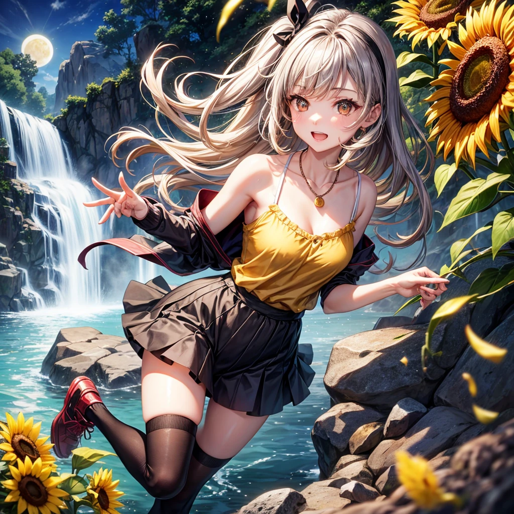 Red, brown, gold, gold hair、Golden Eyes、Hair tied up、One good looking girl、solo、anime、Checkered mini skirt、Ruffles on the skirt、camisole、Lightweight cardigan、Black knee-high socks、Wearing a baseball cap、Ribbon、Ribbon on waist、Teeth are visible、Silver coin necklace、From above、Sunflower Tunnel、Cobblestones、waterfall、Have sunflowers、Midnight Moon、Winding Road、Unlocking、suspension bridge、Flying soap bubbles