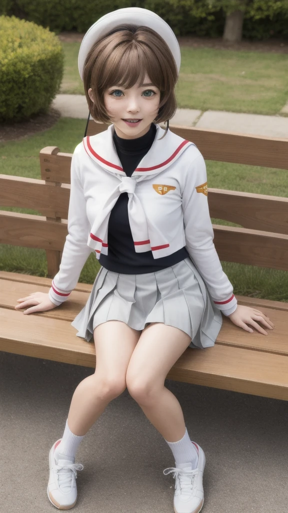masterpiece, best quality, highres, kinomoto sakura, 1girl, brown hair, short hair, antenna hair, two side up, hair bobbles, green eyes, , white sailor collar, black shirt, long sleeves, white skirt, pleated skirt, sitting, eating, outdoors, bench, food, leaf, (masterpiece, best quality: 1.2),(very detailed face, real image, realistic skin, realistic body, intricate details),1 woman, Kinomoto Sakura, brown hair, alone, skirt, green eyes, Short hair, have, white skirt, white hat, Magic Girl, Antenna hair, laugh, serafuku, pleated skirt, dehisce, looking at viewer, cowboy shot, long sleeves, star (symbol), muffler, lie down in bed with both arms extended above the head and placed behind the pillow, anime girl lying down, expose plump breasts, whole body, plump thighs, Natural Pose, beautifully, cute, Fix errors without any awkwardness, tall, I have long legs, Wearing (tomoeda_초등school_school_Uniform),black top, tennis mini skirt,cry in shame, wearing white ankle socks, random sexy poses