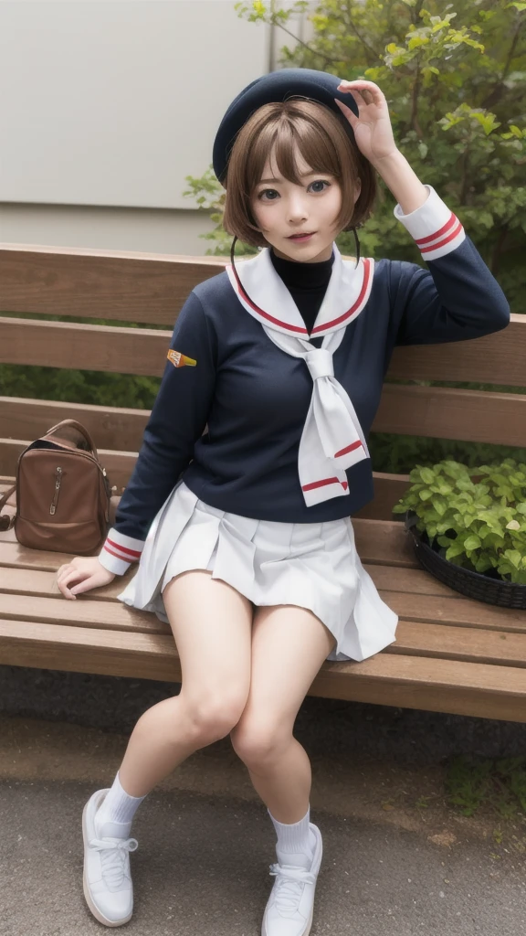 masterpiece, best quality, highres, kinomoto sakura, 1girl, brown hair, short hair, antenna hair, two side up, hair bobbles, green eyes, , white sailor collar, black shirt, long sleeves, white skirt, pleated skirt, sitting, eating, outdoors, bench, food, leaf, (masterpiece, best quality: 1.2),(very detailed face, real image, realistic skin, realistic body, intricate details),1 woman, Kinomoto Sakura, brown hair, alone, skirt, green eyes, Short hair, have, white skirt, white hat, Magic Girl, Antenna hair, laugh, serafuku, pleated skirt, dehisce, looking at viewer, cowboy shot, long sleeves, star (symbol), muffler, lie down in bed with both arms extended above the head and placed behind the pillow, anime girl lying down, expose plump breasts, whole body, plump thighs, Natural Pose, beautifully, cute, Fix errors without any awkwardness, tall, I have long legs, Wearing (tomoeda_초등school_school_Uniform),black top, tennis mini skirt,cry in shame, wearing white ankle socks, random sexy poses