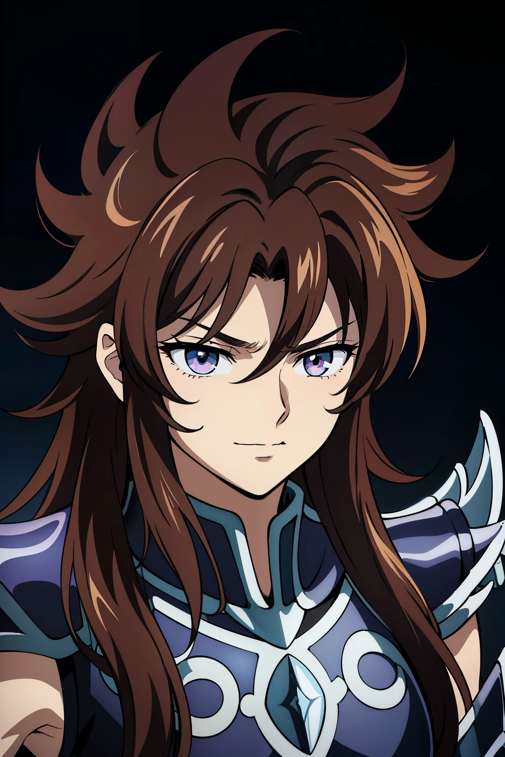 (high-quality, breathtaking),(expressive eyes, perfect face) portrait, Symmetrical Eyes, 1boy, male, solo, adult, brown hair, red coloured eyes, stylised hair, medium length hair, loose hair, side bangs, spiky hair, fluffy hair, looking at viewer, portrait, black background, narrow eyes, soft eerie blue lighting backround, rock terrain background, Hades Armor, Hypnos Saint Seiya Armor, Thanatos Saint Seiya Armor, Dark Purple Armor, trim, full plate, masculine face, Hypnos Lost Canvas Saint Seiya, cute smile, half body shot