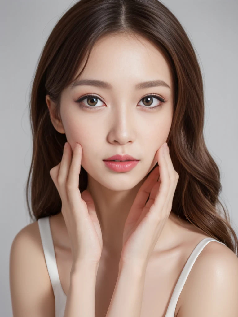 ((Top quality, 8K, masterpiece: 1.3)), beautiful girl, pure, Oval face, Gentle and lovely, Sweet kissing gesture, Sweet smile, pure desire, slim body, (front), (Tilting your head), ((Looking at the camera))), Wearing a sexy short-sleeved thin dress in random colors, Brown long wavy hair, Normal chest, Long shoulders, Big, round, black eyes, A pair of big clear eyes, Moist Red. Lips, Sweet, White background, (((Shooting from the waist up))), (Random body orientation), 