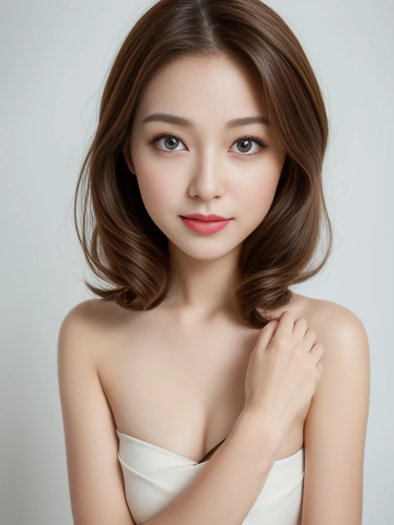 ((Top quality, 8K, masterpiece: 1.3)), beautiful girl, pure, Oval face, Gentle and lovely, Sweet kissing gesture, Sweet smile, pure desire, slim body, (front), (Tilting your head), ((Looking at the camera))), Wearing a sexy short-sleeved thin dress in random colors, Brown long wavy hair, Normal chest, Long shoulders, Big, round, black eyes, A pair of big clear eyes, Moist Red. Lips, Sweet, White background, (((Shooting from the waist up))), (Random body orientation),
