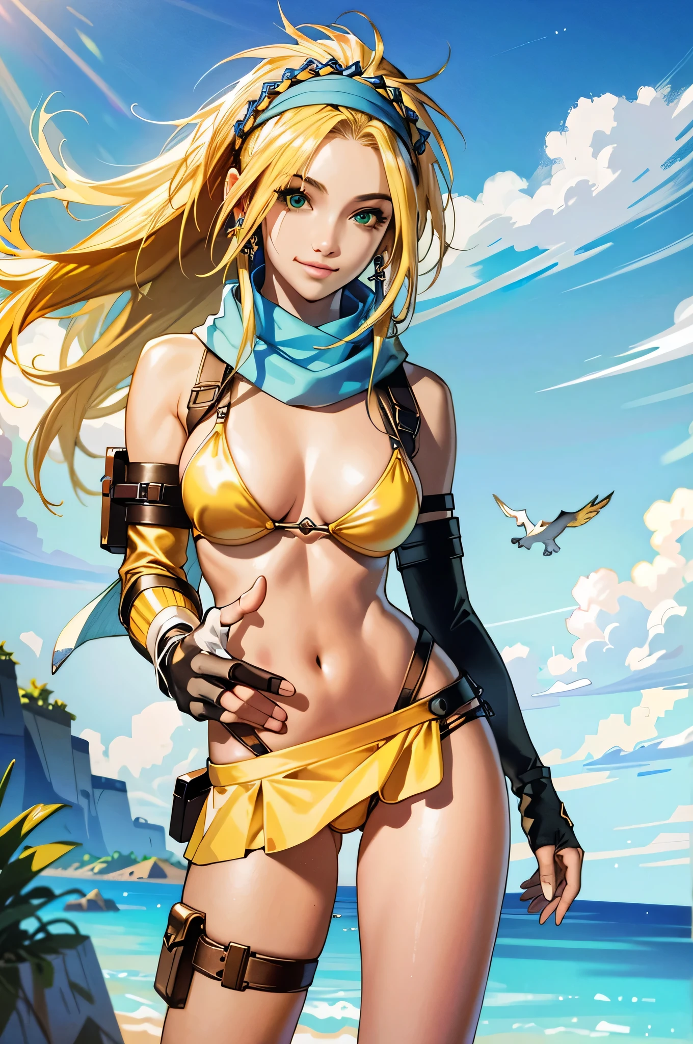 (masterpiece, highest quality:1.3)
backpack FF10, 1 girl, alone, long hair, chest, skirt, blonde hair, hair ornaments, gloves, belly button, green eyes, swimsuit, Braid, bikini, removed sleeve, miniskirt, fingerless gloves, scarf, head band, bird, bikini top only, @_@, yellow bikini, blue head band,super high quality,super high quality,masterpiece,digital single lens reflex,realistic,Detailed details,vivid details,depicted in detail,detailed face,Detailed details,Super detailed,realistic skin texture,based on anatomical basis,perfect anatomy,anatomically correct hand,anatomically correct fingers,Complex 3D rendering,sexy pose,beautiful yellow tulip field,Final Fantasy Worldview,Fantastic night view,fantastic night sky,beauty like a painting,smile,bewitching beauty,phantom river, (micro bikini, large breasts)