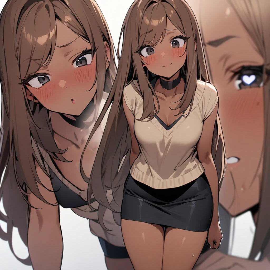 Top quality, masterpiece, gal, brown hair, long hair, black eyes, brown skin, , miniskirt, heart eyes, loving expression