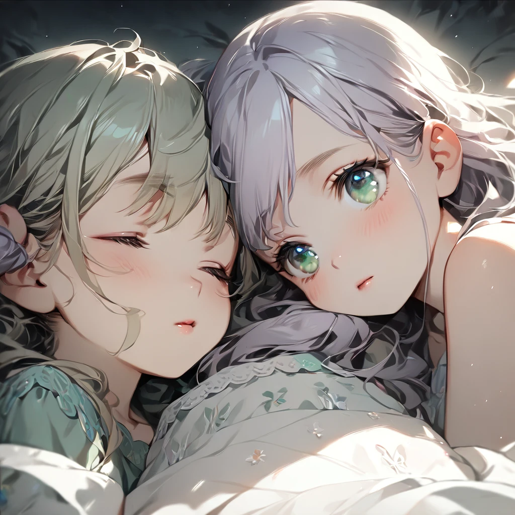 (Cute two girls:1.5),
(masterpiece:1.3), anime visual, (tilt head:1.3), extremely delicate face, realistic lighting and shading, (an extremely delicate and beautiful art:1.3), (muted colors:1.1), two sisters are sleeping in the same bed. the older sister with white hair and blue eyes is lying on her back, embracing the younger sister and stroking her hair. the younger sister with light purple hair and green eyes is sleeping with her face buried in her older sister's chest.