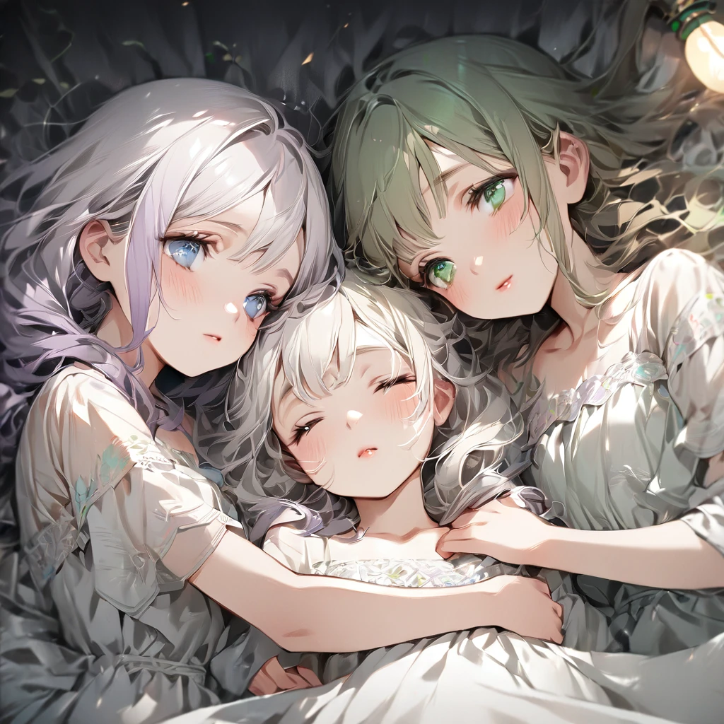 (Cute two girls:1.5),
(masterpiece:1.3), anime visual, (tilt head:1.3), extremely delicate face, realistic lighting and shading, (an extremely delicate and beautiful art:1.3),  (muted colors:1.1), two sisters are sleeping in the same bed. the older sister with white hair and blue eyes is lying on her back, embracing the younger sister and stroking her hair. the younger sister with light purple hair and green eyes is sleeping with her face buried in her older sister's chest.