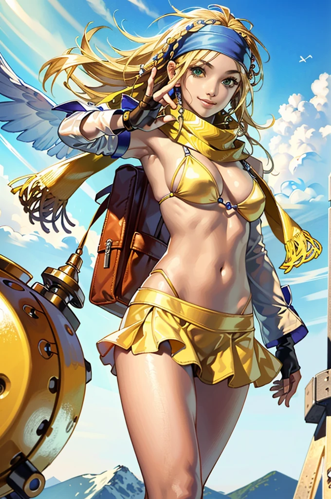 (masterpiece, highest quality:1.3)
backpack FF10, 1 girl, alone, long hair, chest, skirt, blonde hair, hair ornaments, gloves, belly button, green eyes, swimsuit, Braid, bikini, removed sleeve, miniskirt, fingerless gloves, scarf, head band, bird, bikini top only, @_@, yellow bikini, blue head band,super high quality,super high quality,masterpiece,digital single lens reflex,realistic,Detailed details,vivid details,depicted in detail,detailed face,Detailed details,Super detailed,realistic skin texture,based on anatomical basis,perfect anatomy,anatomically correct hand,anatomically correct fingers,Complex 3D rendering,sexy pose,beautiful yellow tulip field,Final Fantasy Worldview,Fantastic night view,fantastic night sky,beauty like a painting,smile,bewitching beauty,phantom river, (micro bikini, large breasts)