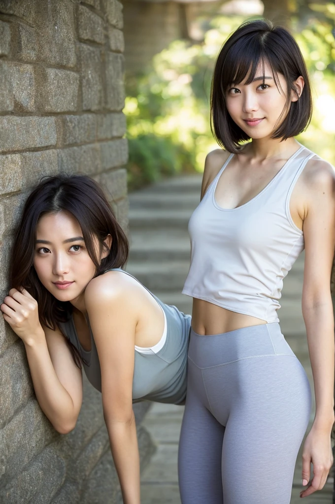 You are a professional photographer。future、Beautiful Eyes、 ((Highest quality)), Clear contours, Woman with beautiful face, (((One Girl,alone))), ((Beautiful Eyes)), Sex Appeal,Albedo and Specular Maps、Accurate simulation of lightweight material interactions、Wearing a tank top, Wearing leggings、Light Smile、perfect body、Isoyama Sayaka,Thighs、Short Hair、Nipples