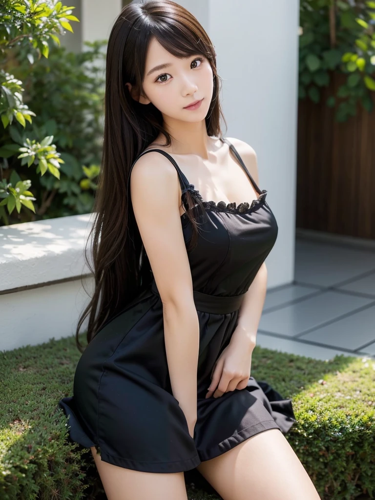 Black maid outfit、(Highest quality)、((Very detailed))、4K、(8K)、masterpiece、Very detailedな、Highest quality、Super Resolution、1 person、Kind Face、Soft Light、RAW quality、Soft Skin、163cm、Garden Terrace、Thighs、White Room