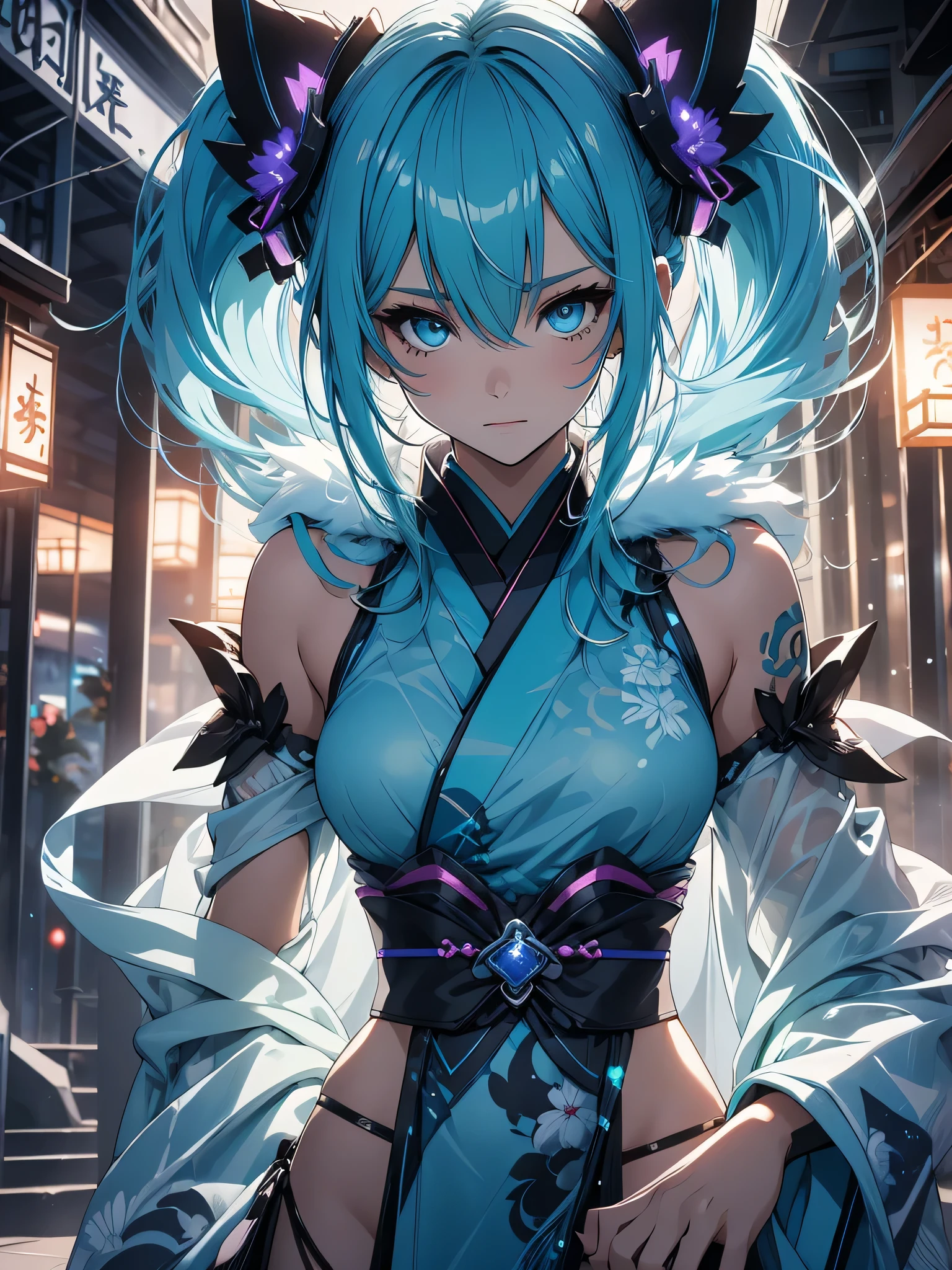 Miku Hatsune x vixen high definition add_detail:1, blue fur,kitsune ears, tribal tattoo add_detail:1, pretty girl add_detail:1, japanese shrine landscape add_detail:1, blue kimono costume add_detail:1, add_detail:1, full body add_detail, highly detailed face, deep aqua iris add_detail:1, ninja girl, dark aura, evil face add_detail:1