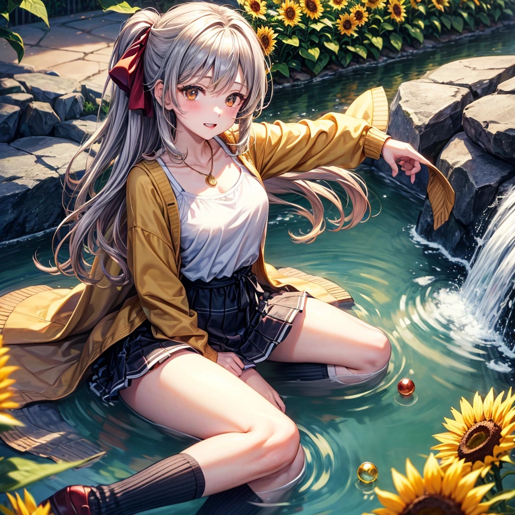 Red, brown, gold, gold hair、Golden Eyes、Hair tied up、One good looking girl、solo、anime、Checkered mini skirt、Ruffles on the skirt、camisole、Lightweight cardigan、Black knee-high socks、Wearing a baseball cap、Ribbon、Ribbon on waist、Teeth are visible、Silver coin necklace、From above、Sunflower Tunnel、Cobblestones、waterfall、Have sunflowers、Midnight Moon、Winding Road、Unlocking、suspension bridge、Flying soap bubbles
