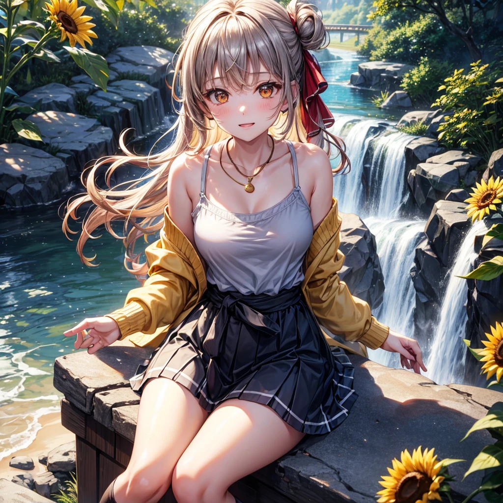 Red, brown, gold, gold hair、Golden Eyes、Hair tied up、One good looking girl、solo、anime、Checkered mini skirt、Ruffles on the skirt、camisole、Lightweight cardigan、Black knee-high socks、Wearing a baseball cap、Ribbon、Ribbon on waist、Teeth are visible、Silver coin necklace、From above、Sunflower Tunnel、Cobblestones、waterfall、Have sunflowers、Midnight Moon、Winding Road、Unlocking、suspension bridge、Flying soap bubbles