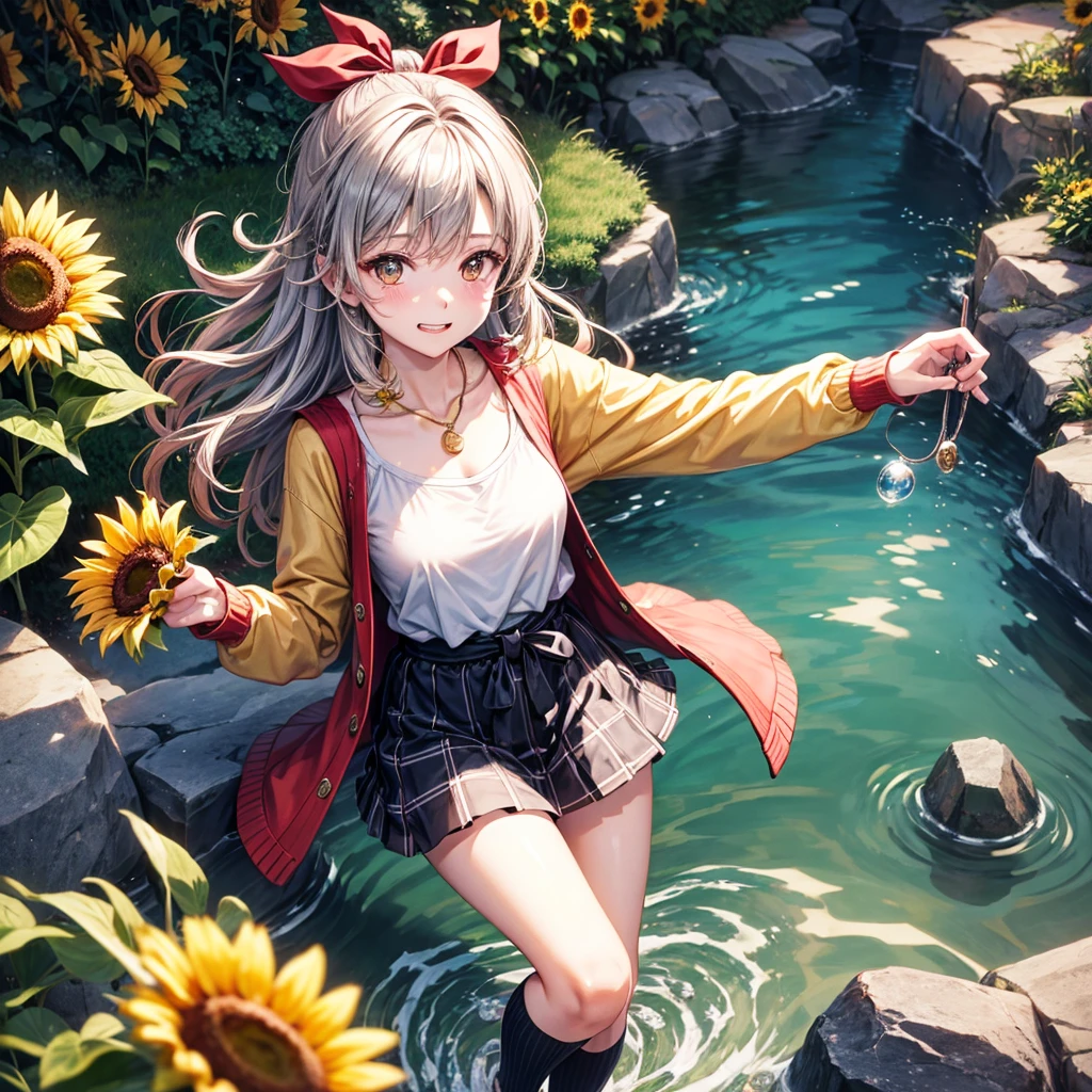 Red, brown, gold, gold hair、Golden Eyes、Hair tied up、One good looking girl、solo、anime、Checkered mini skirt、Ruffles on the skirt、camisole、Lightweight cardigan、Black knee-high socks、Wearing a baseball cap、Ribbon、Ribbon on waist、Teeth are visible、Silver coin necklace、From above、Sunflower Tunnel、Cobblestones、waterfall、Have sunflowers、Midnight Moon、Winding Road、Unlocking、suspension bridge、Flying soap bubbles