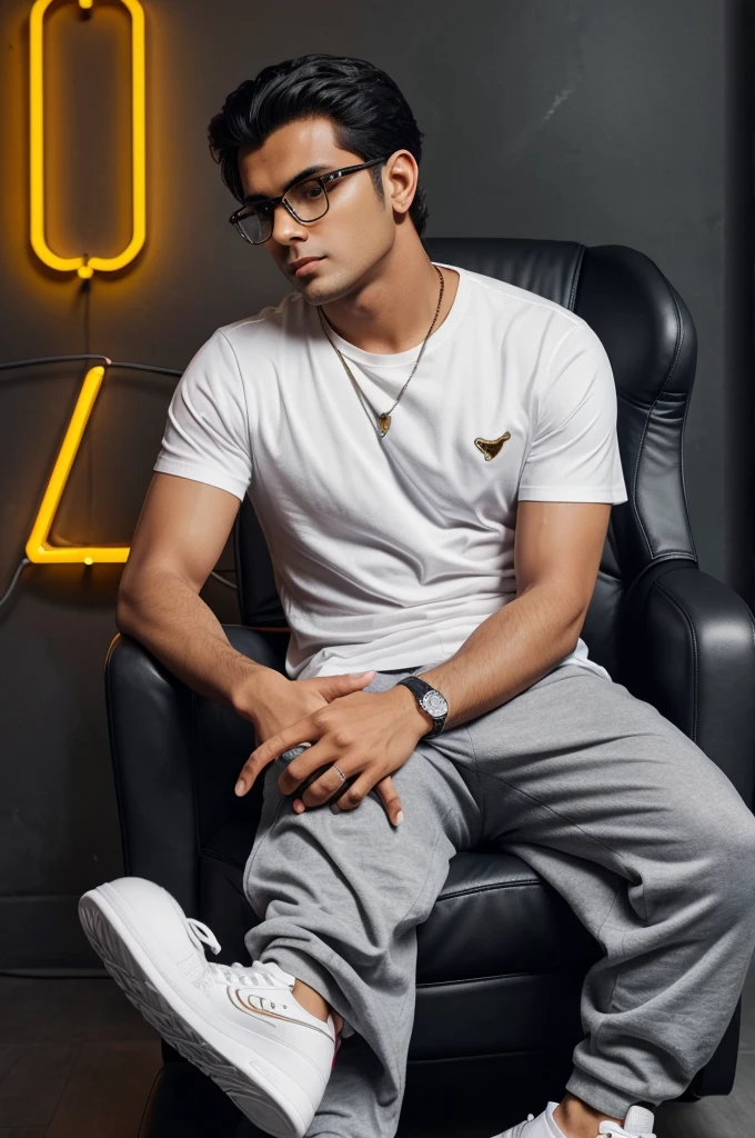 PROMPT :- Create a 3D illusion for a profile picture where a 25 Year old cute boy in a white shirt Sitting casually on a Wingback Lamborghini. Wearing sneakers, glasses, he looks ahead. The background features “RAJAN” in big and capital Orange neon light fonts on the dark grey wall. There should not be his shadow, and there are wings to make it appear as if he is an angel