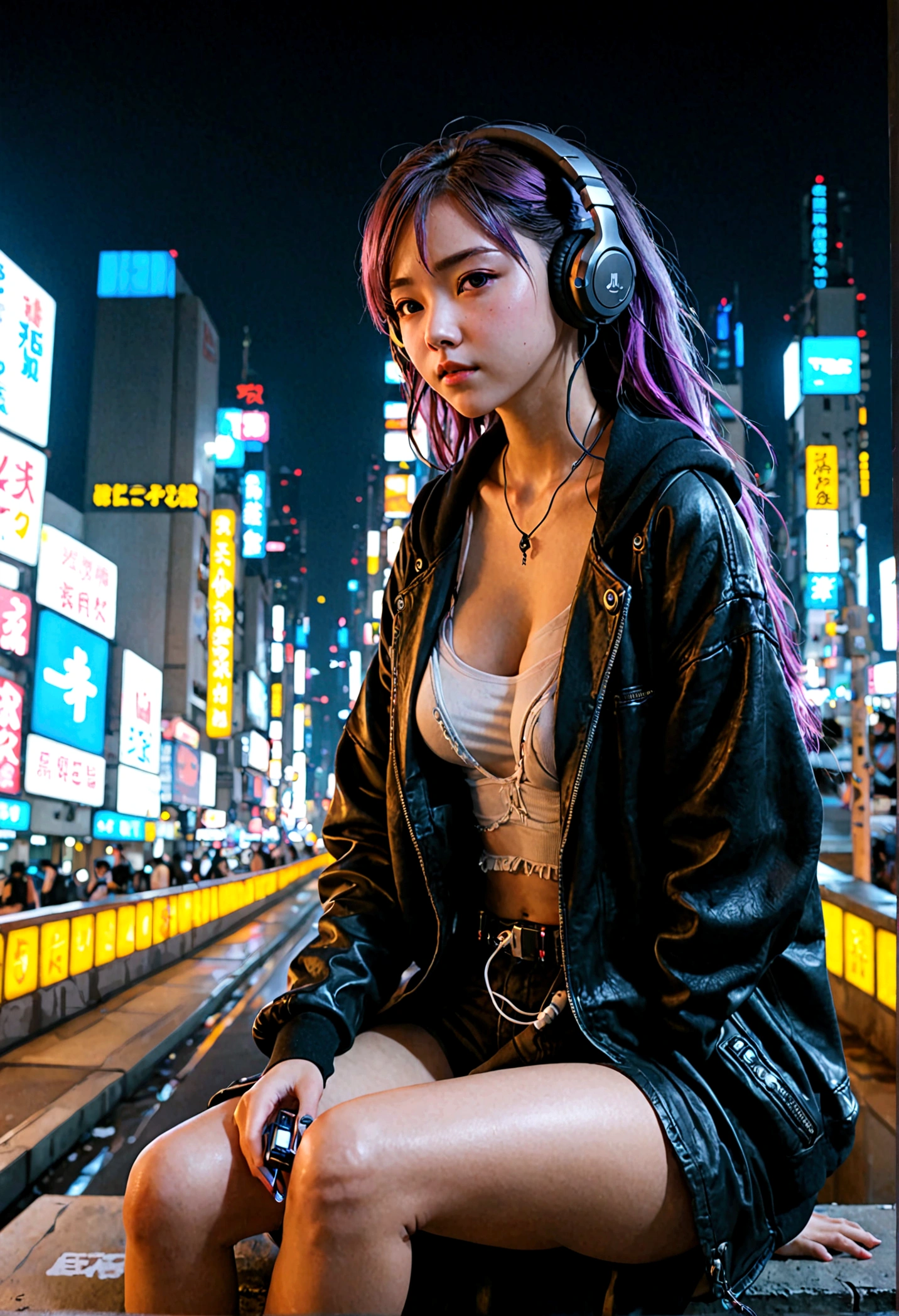 best quality、masterpiece、night、earphone、Cyberpunk、Network City、Sitting on high ground、Long Shot、Wide-angle lens、A girl
