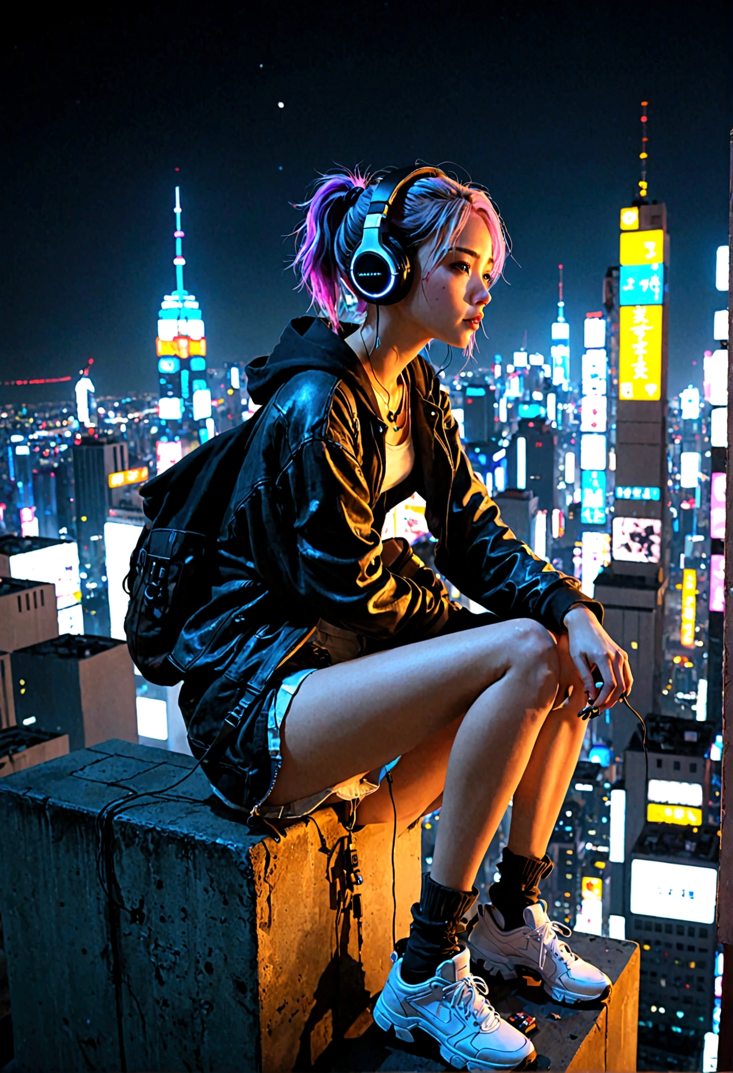 best quality、masterpiece、night、earphone、Cyberpunk、Network City、Sitting on high ground、Long Shot、Wide-angle lens、A girl