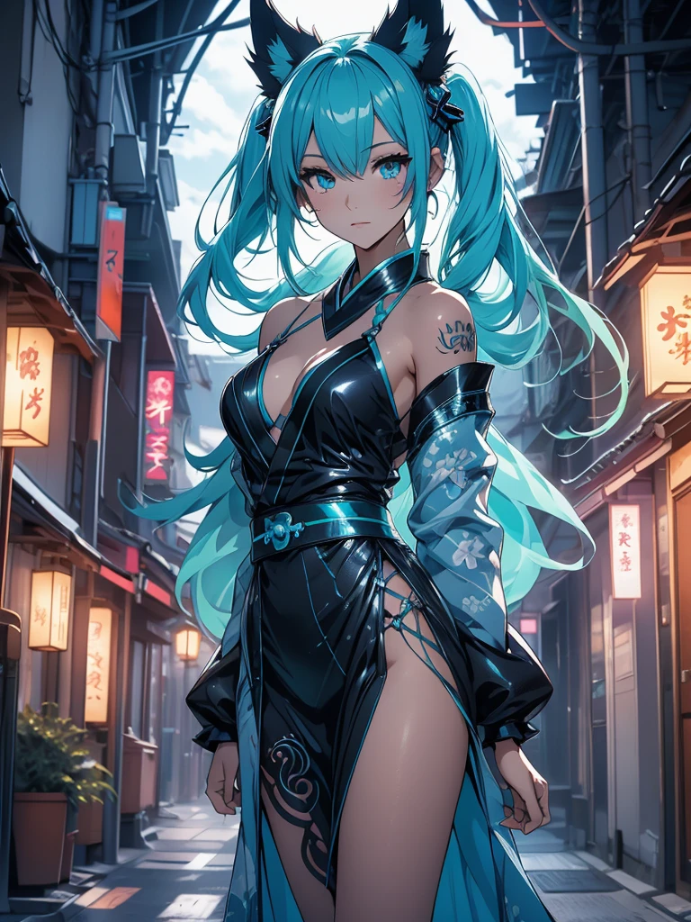 Miku Hatsune x vixen high definition add_detail:1, blue fur,kitsune ears, tribal tattoo add_detail:1, pretty girl add_detail:1, japanese shrine landscape add_detail:1, blue kimono costume add_detail:1, add_detail:1, full body add_detail, highly detailed face, deep aqua iris add_detail:1, ninja girl, dark aura, evil face add_detail:1, full body view add_detail:3
