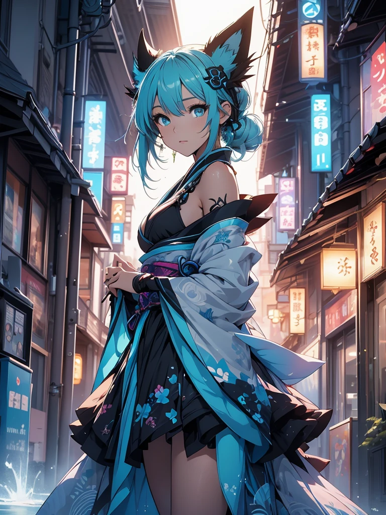 Miku Hatsune x vixen high definition add_detail:1, blue fur,kitsune ears, tribal tattoo add_detail:1, pretty girl add_detail:1, japanese shrine landscape add_detail:1, blue kimono costume add_detail:1, add_detail:1, full body add_detail, highly detailed face, deep aqua iris add_detail:1, ninja girl, dark aura, evil face add_detail:1, full body view add_detail:3
