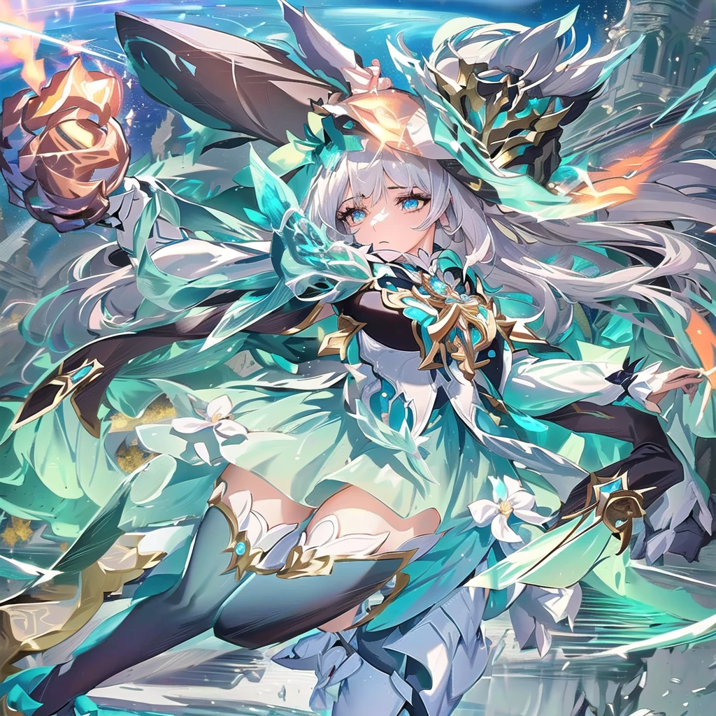 a picture of a woman in a dress with a sword and a sword, detailed key anime art, shadowverse style, in opal armor, high detailed official artwork, official artwork, sliver ice color reflected armor, clothed in ethereal armor, portrait knights of zodiac girl, splash art anime loli, ayaka genshin impact, white cyan