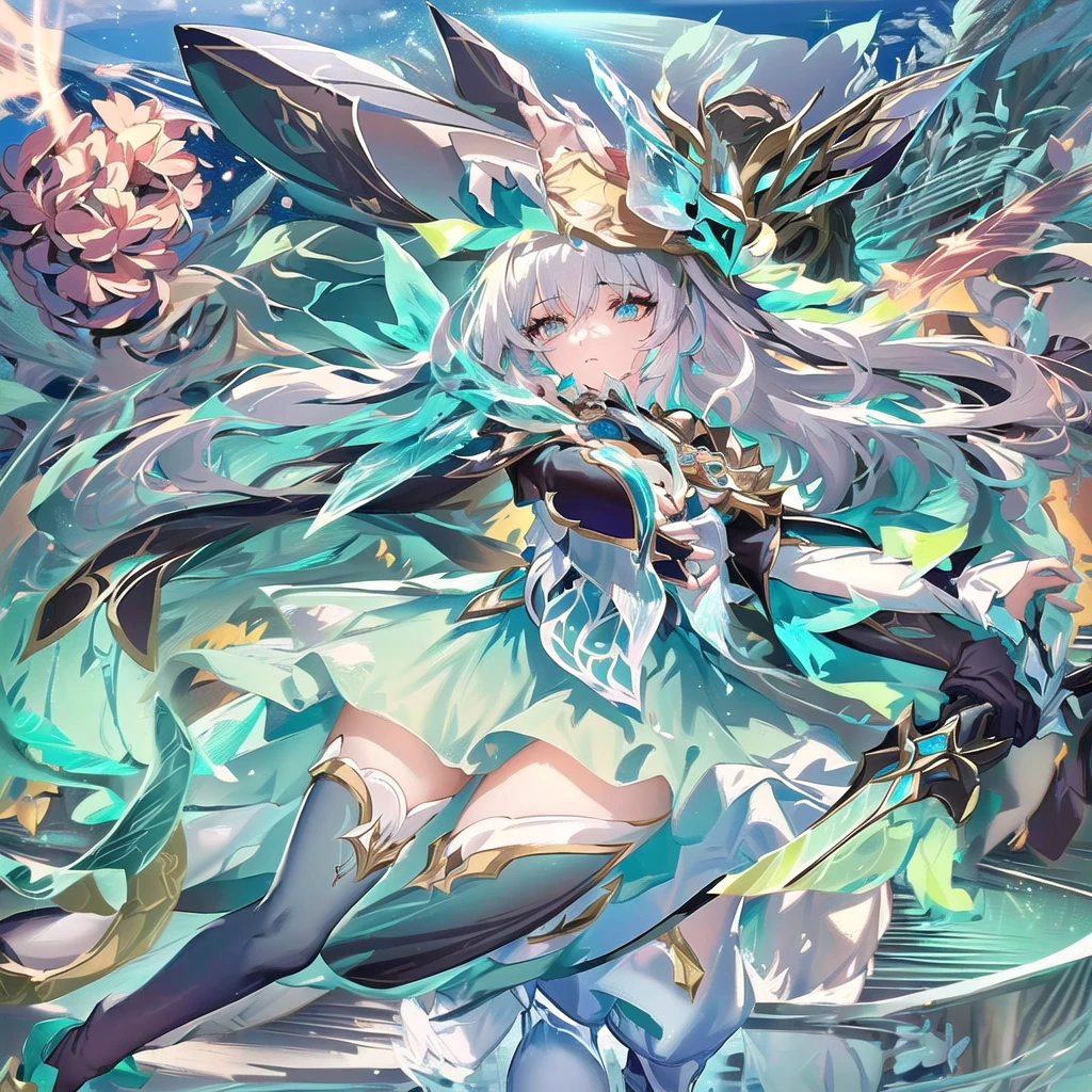 a picture of a woman in a dress with a sword and a sword, detailed key anime art, shadowverse style, in opal armor, high detailed official artwork, official artwork, sliver ice color reflected armor, clothed in ethereal armor, portrait knights of zodiac girl, splash art anime , ayaka genshin impact, white cyan