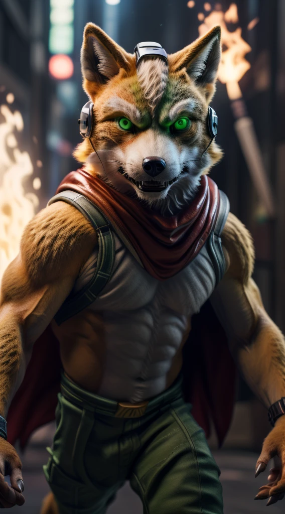 (best quality,16k,32k,highres,masterpiece:1.2),ultra-detailed,(realistic,photorealistic,photo-realistic:1.37),(The ultimate Orochi Fox Mccloud) glowing green eyes realistic fire background of totally destroyed Japan alone looking at the camera serious expression brave and confident wearing a red hood cape running